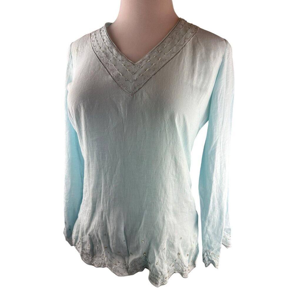 ✨2/$20 Flawed Lilly Pulitzer Linen Beaded Blouse Light Blue Top Small H11153 - Picture 9 of 16